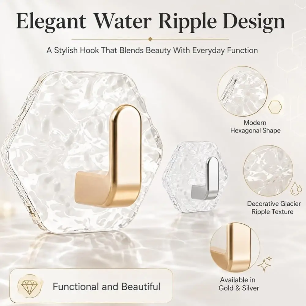5Pcs Hexagonal Shape Self Adhesive Hooks Heavy Duty Waterproof Wall Hooks Removable Water Ripple Texture Adhesive Hooks