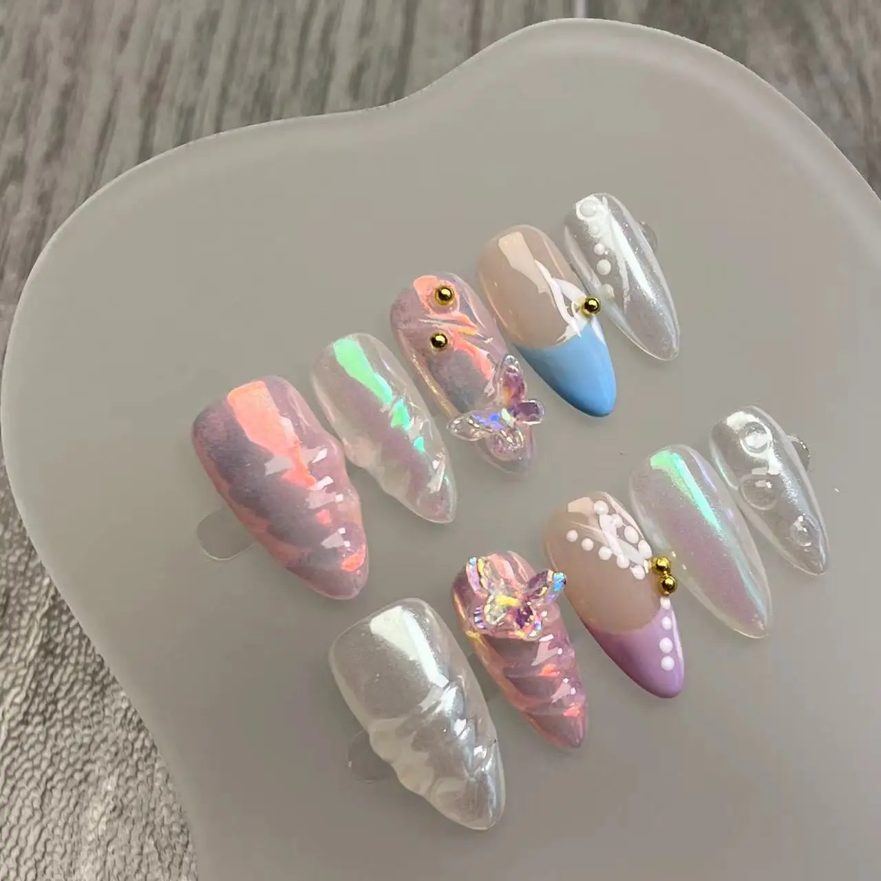 High-end Handmade Aurora Glitter 3D Almond Coffin Press on Nails Art Press on Nails Art French Ballerina Nail Tip Women's Gift