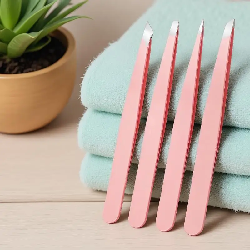 {MAX-66} 4 Pcs Colorful Stainless Steel Tweezer Set For Women And Men's Eyebrows & Eyelashes Comes With Storage Bag