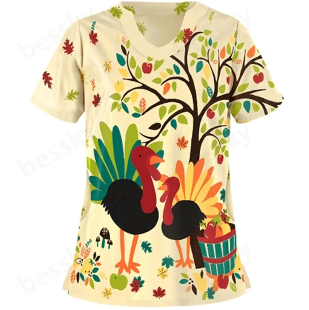 

Women's Christmas Thanksgiving short sleeved V-neck caregiver shirt