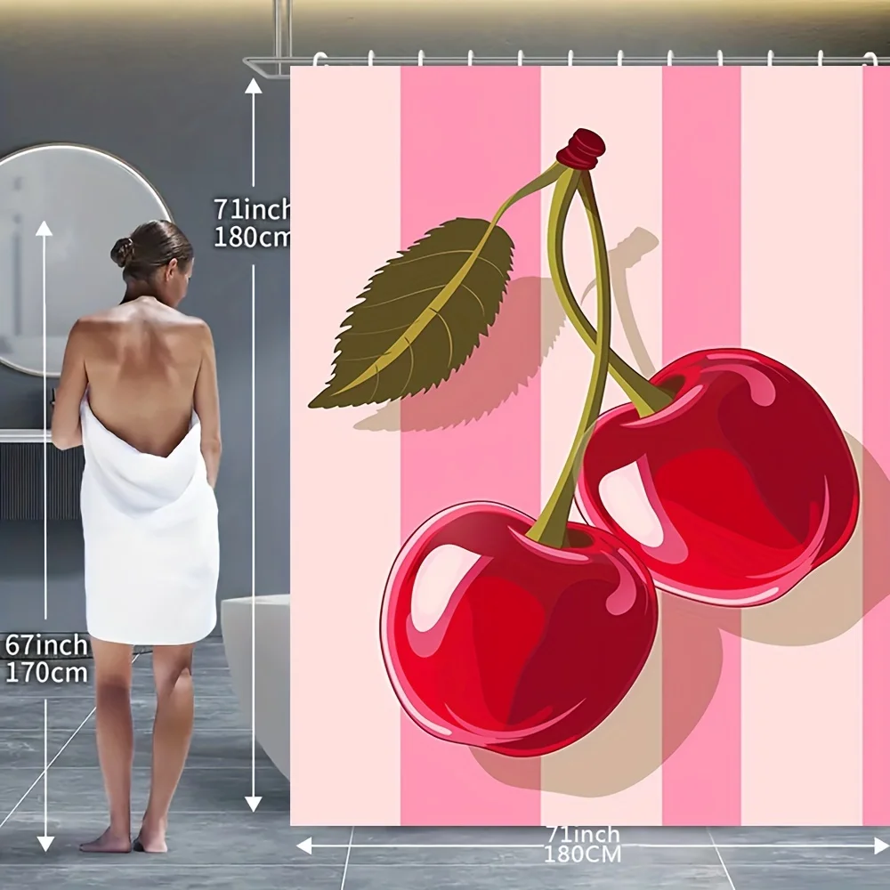 Charming Cherry Bathroom Four-Piece Set - Featuring a Delightful Design with Vibrant Red Cherries on a Pink Striped Background