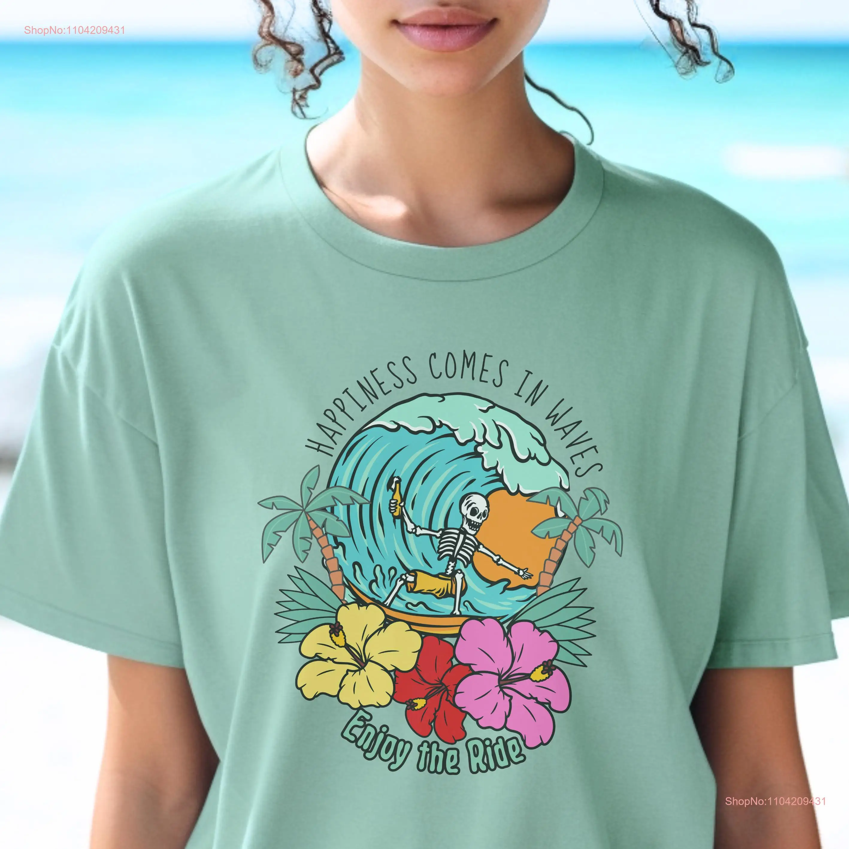 Inspirational Surfer T Shirt Happiness Comes in Waves Skeleton Surf Funny Beach for Shirtns Gear Surfers