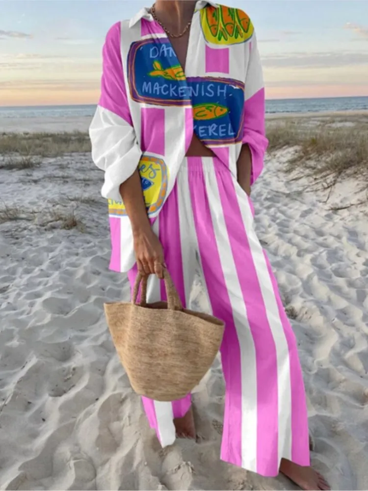 

Fashion Print Beach Holiday 2-Piece Sets Spring Summer Long Sleeve Shirt Top + Wide Leg Pant Women's Casual Two-Piece Outfit