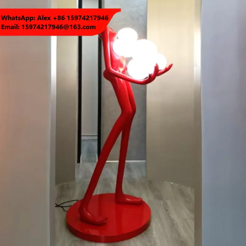 Red Lady Holding Ball Lamp Decorative Exhibition Hall Sculpture Artwork Statue Lights Luminous Beauty Floor Lamps