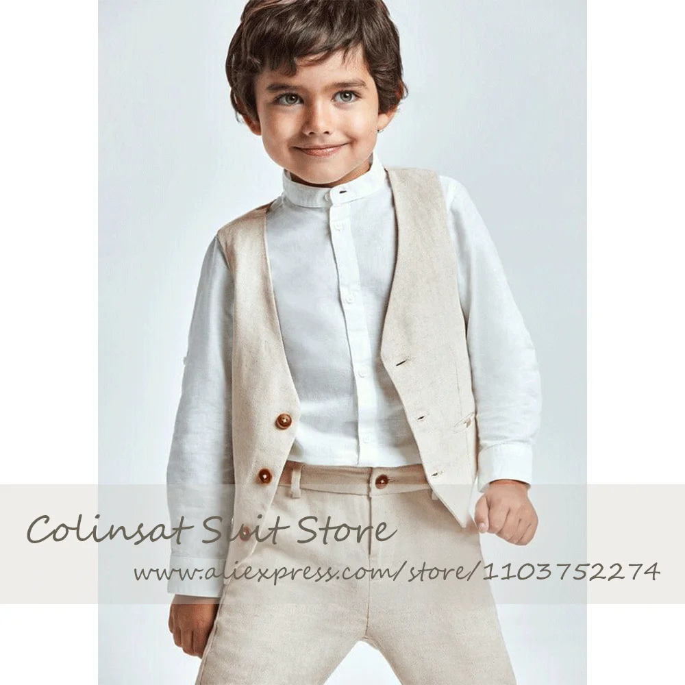 Boys Suit Vest Pants Linen Suits Single Breasted Sleeveless Jacket Blazer Ring Bearer Wedding Tuxedo Casual Fashion Clothing