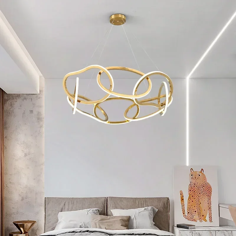 

Stainless Steel Light Luxury Living Room Chandelier Modern Round Restaurant Designer Creative Special-Shaped Pea Ring Lamp