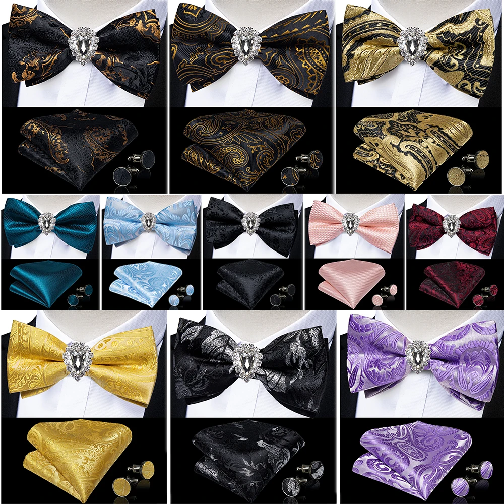 

Men's Pre-tied Bow Tie Pocket Square Cufflinks with Luxury White Crystal Brooch Ring Wedding Prom Bowknot Groom Butterfly Gift