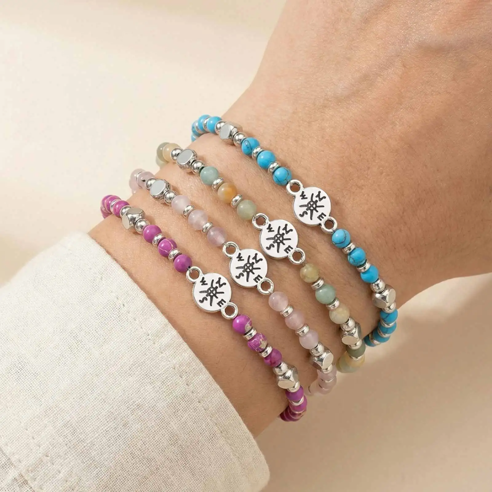 Vnox Compass Beaded Bracelets for Men Women, Turquoise Light Blue Pink Purple Stone Adjustable 19-24cm, Boho Graduation Gift New