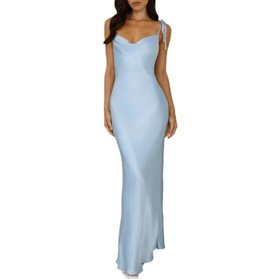 

2026 Satin Cowl Neck Spaghetti Strap Slip Maxi Dress for Women Tie Strap Formal Wedding Guest Dresses with Slit