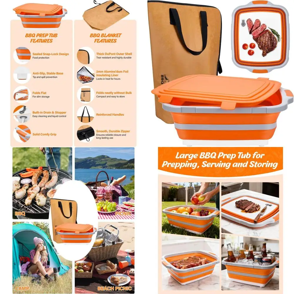

Portable Folding BBQ Prep Tub with Locking Lid and Resting Bag for Meat Marinating and Meal Prep