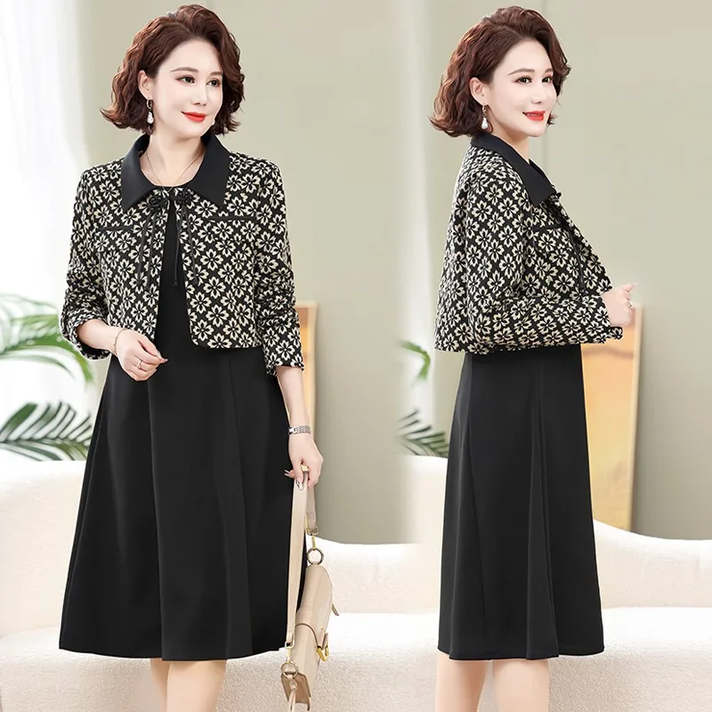 New Spring Autumn Long Sleeve Dress For Middle-aged Elderly Mothers Stylish Fashionable 2-piece Set