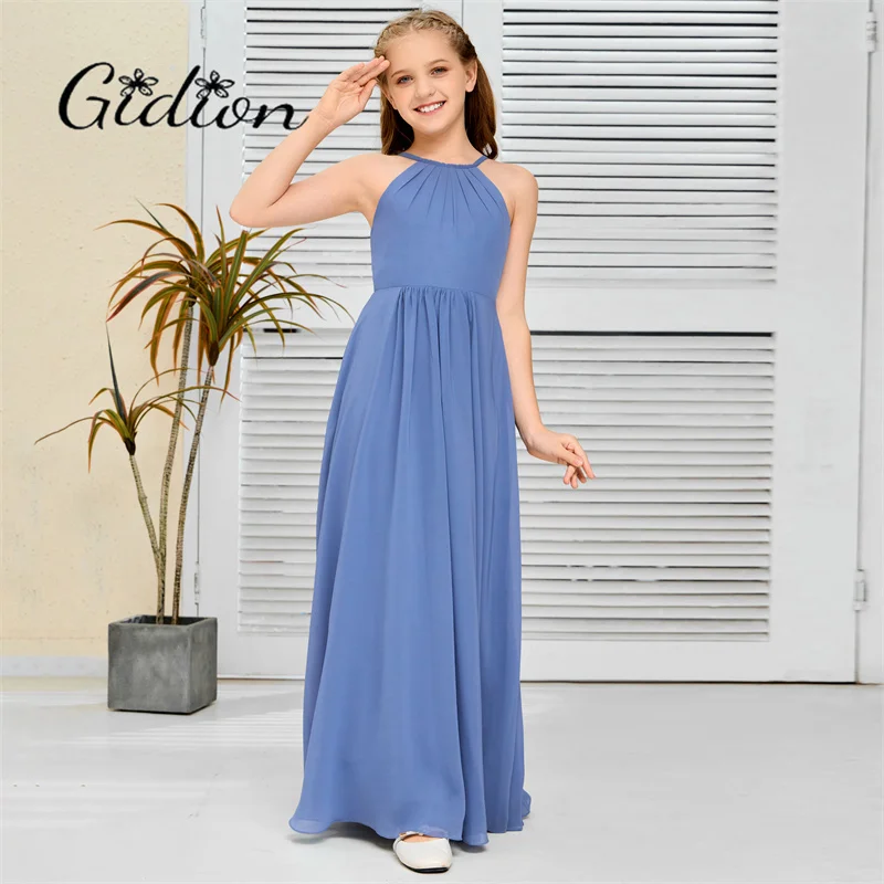 Chiffon Bridesmaid Dress com cintas de espaguete para crianças, cerimônia de casamento, aniversário, concurso, banquete de celebração Junior