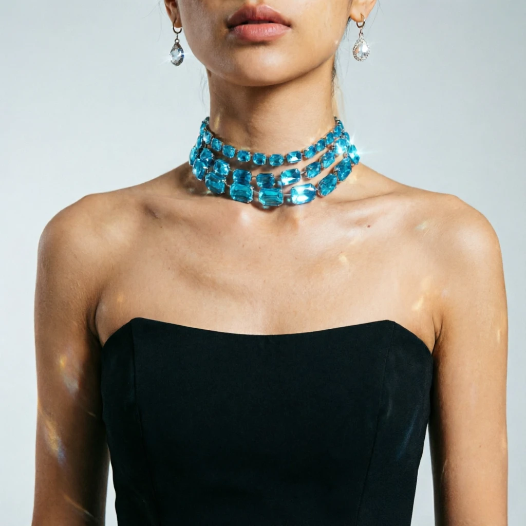 Women Green Blue Rhinestone Choker Necklace Statement Jewelry for Drag Queen Party Gifts Square Crystal Multilayer Chain Collar