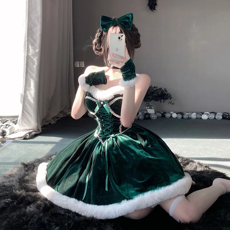 Weihnachten Samt Prinzessin Kleid Schleife Nettes Mädchen Weihnachten Puffy Rock Cosplay Kostüm Neujahr Outfits Nachthemd Rollenspiel Kleider Set