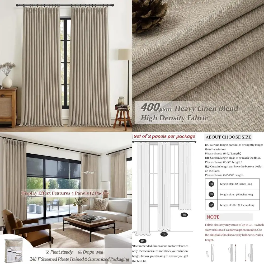 

Linen Pinch Pleated Blackout Curtains, 96 Long, Double Layer, Sound Absorbing, Taupe for Bedroom and Living Room