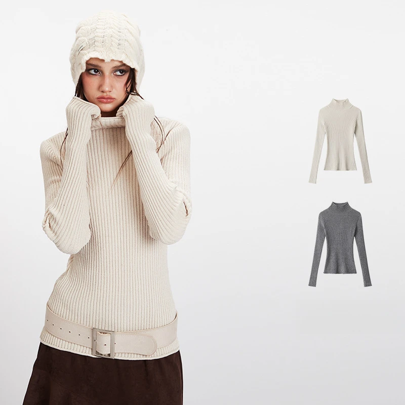 

Новое поступление, женский белый вязаный свитер с воротником-стойкой, облегающий универсальный многослойный/верхняя одежда, повседневный модный топ на зиму