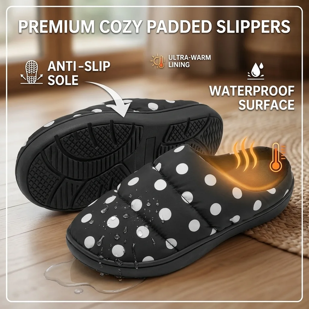 Women Polka Dot Puffer Mule Slippers Winter Warm Fleece Lined Non Slip Soft Lightweight Indoor Home Slippers For Ladies