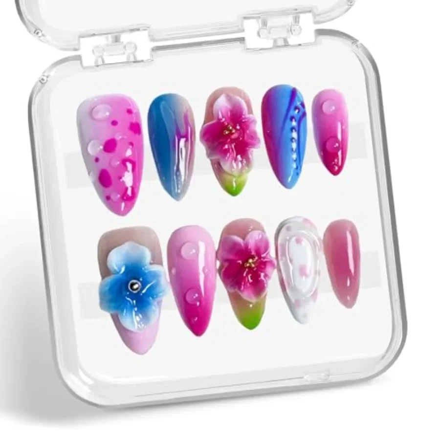 

Handmade Press on Nails Medium Almond Arylice Nails Luxury 3D Flower and Droplet Designs Gradient Fake Nails Full Cover Thick a