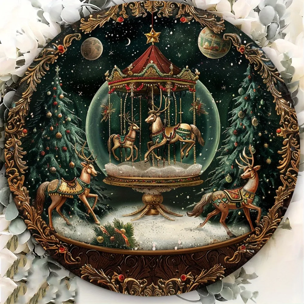 1 Stück rustikale Weihnachts-Vintage-Wandkunst „Merry-Go-Round in Snow“ – Aluminium-Blechschild, festliche Dekoration für drinnen und draußen für Zuhause