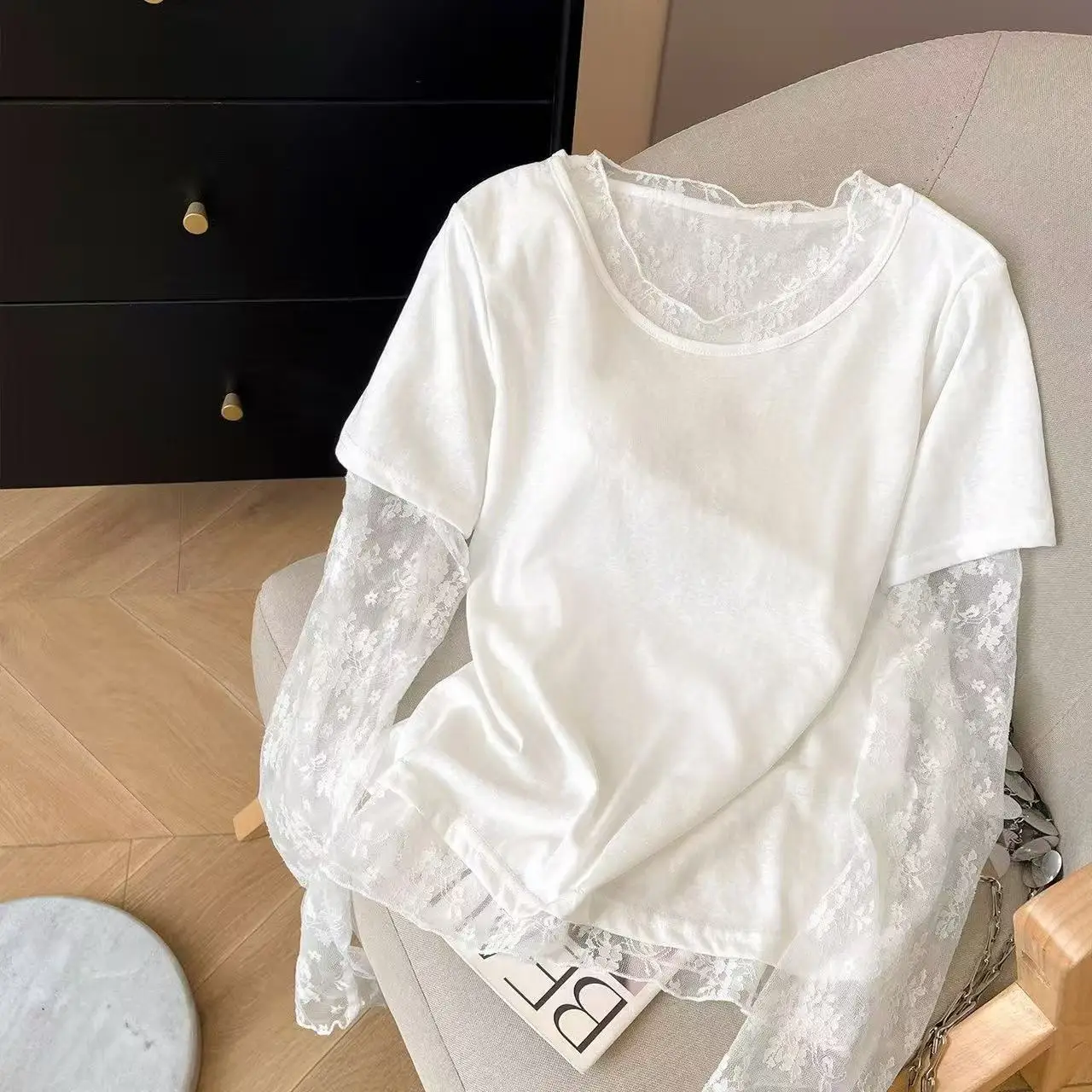 Lace Embroidered Mesh Stitching Fake Two-piece Top Women's Summer Sunscreen White Blouse Long-sleeved T-shirt
