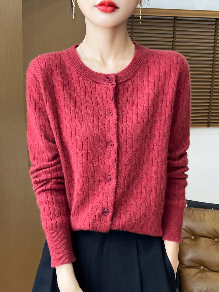 メリノウールの厚手のセーター,ラウンドカラーのツイストセーター,カジュアルなカシミヤニット,長袖のトップス,秋と冬