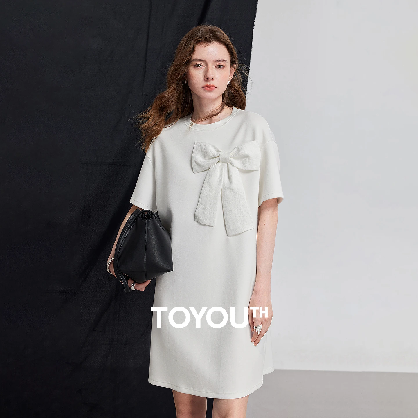 TOYOUTH Women Dresses 2026 Summer New Cloud Air Layer Loose T Shirt Dress Petite Bow Dress