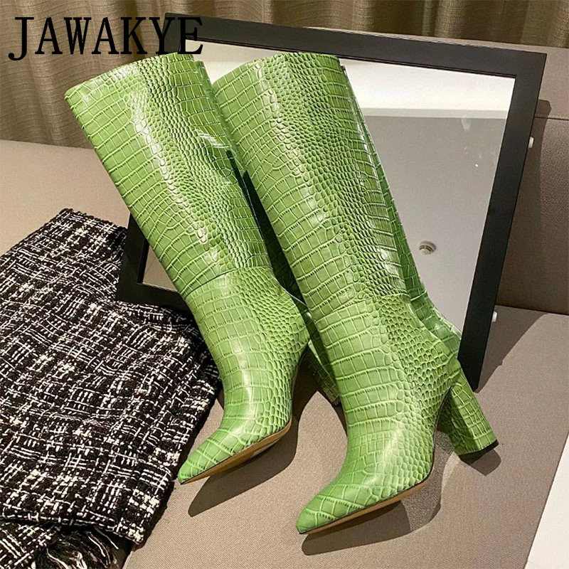 

Fashion Week Snake Pattern Knee High Boots Women Pointy Toe Long Boots Autumn Sexy Runway Party Shoes High Heel Boots Women