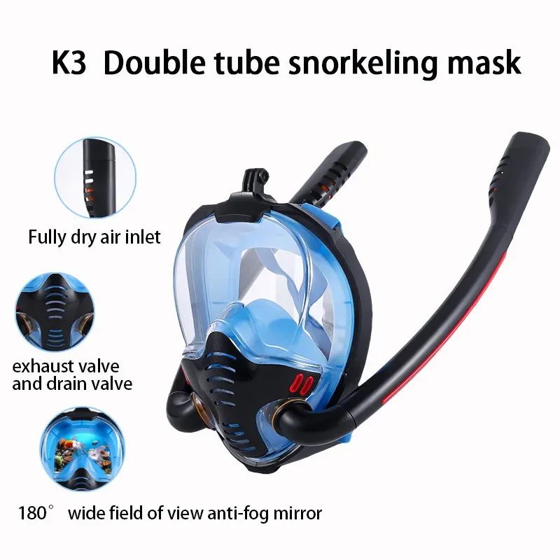 2024 New Double Respirator Snorkeling Diving Mask Full Face Dry Style Swiming Snorkel Set Equipment Underwater Accessories