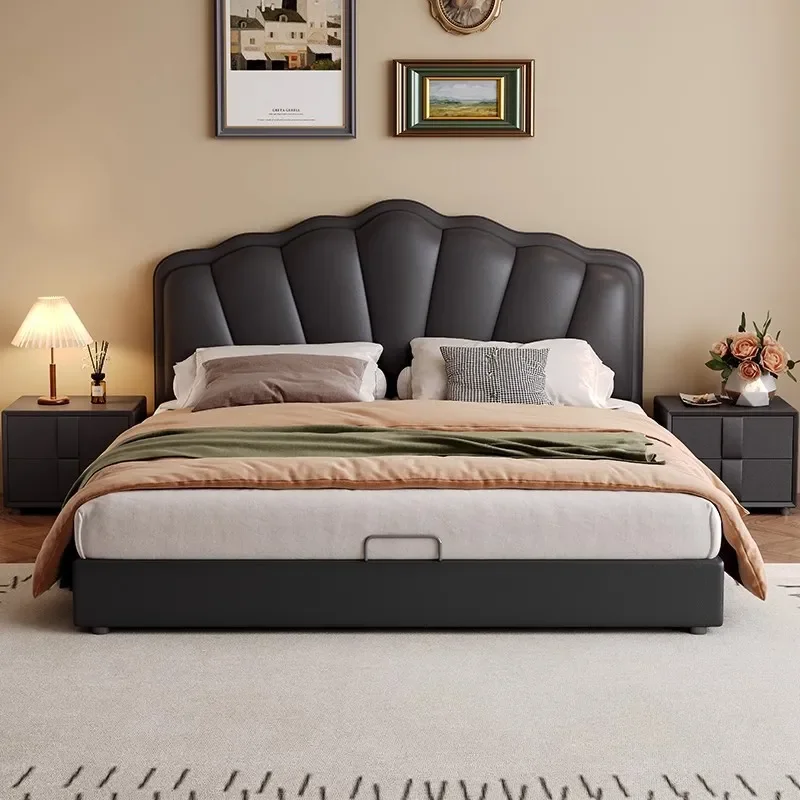 for French Black Shell Leather Bed Modern Simple Soft Bag Double Bed Cream Wind Master Bedroom High End Atmosphere Villa Bed