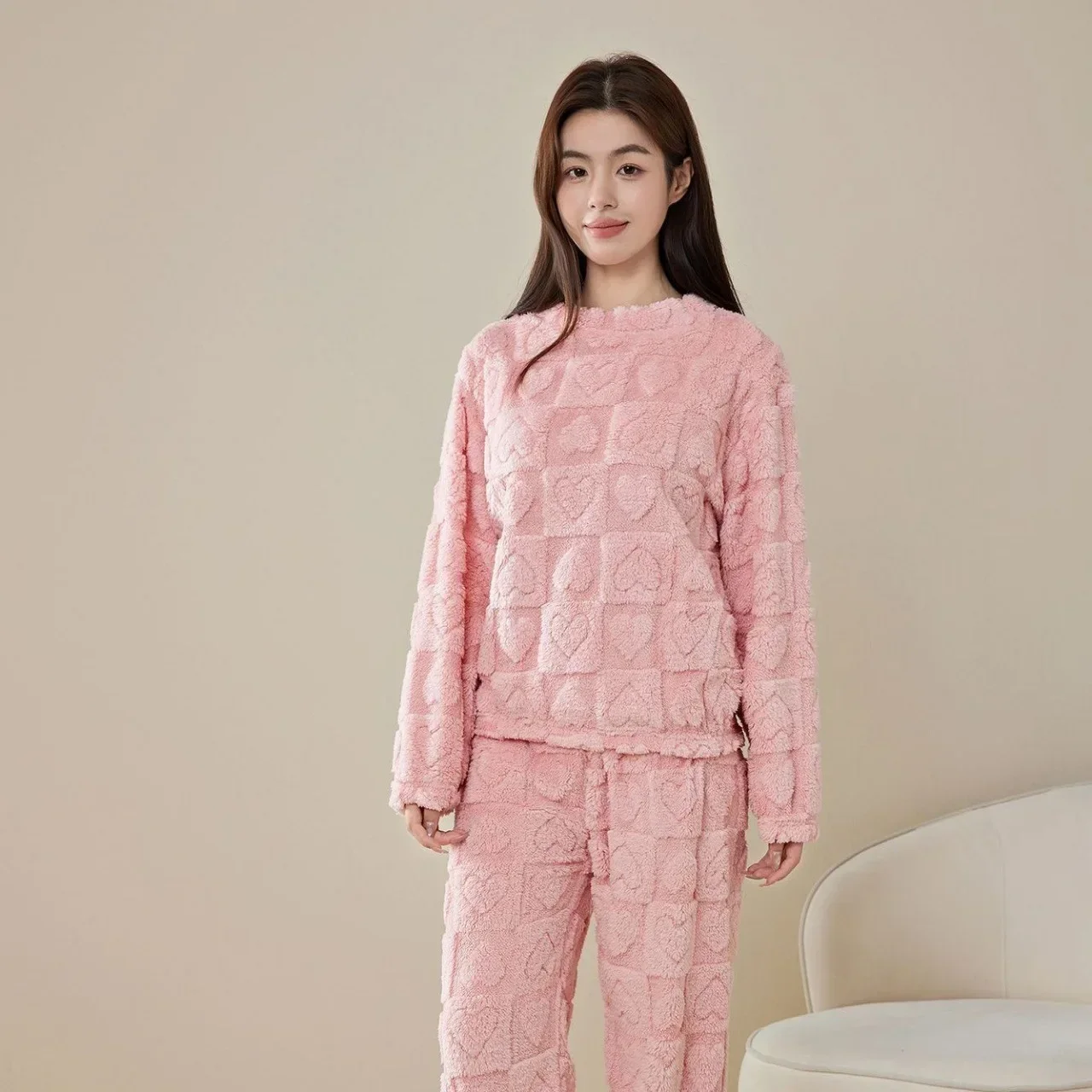 

Women's Coral Fleece Sleepwear Loose Thick Home Clothes Autumn Winter New Style Warm Heart Set Outdoor Wear Fairy Style