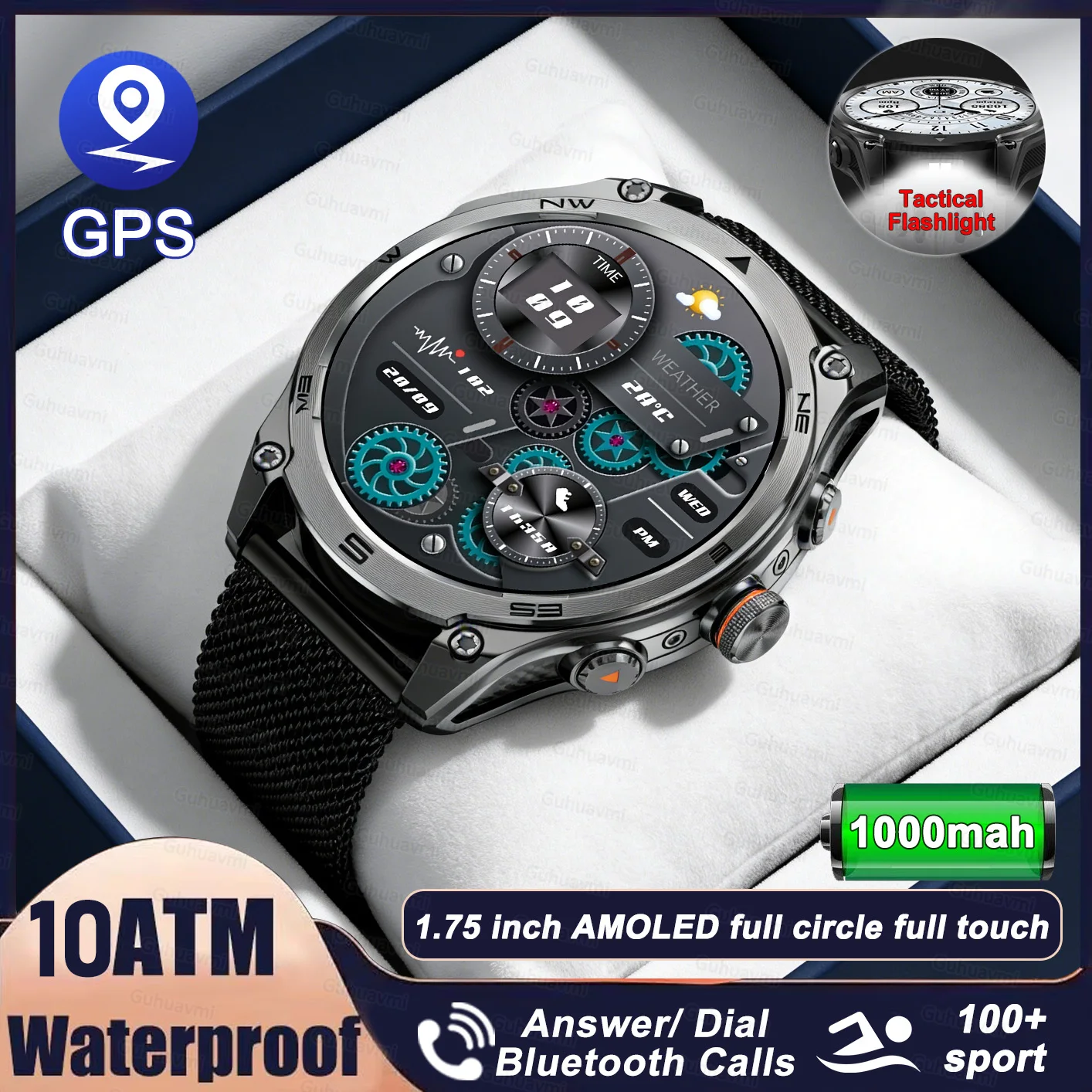 

New Men Smart Watch GPS 1000Mah Compass 10ATM Waterproof Tactics Sport Flashlight call Smart Watch1.75inch Custom dial Sports