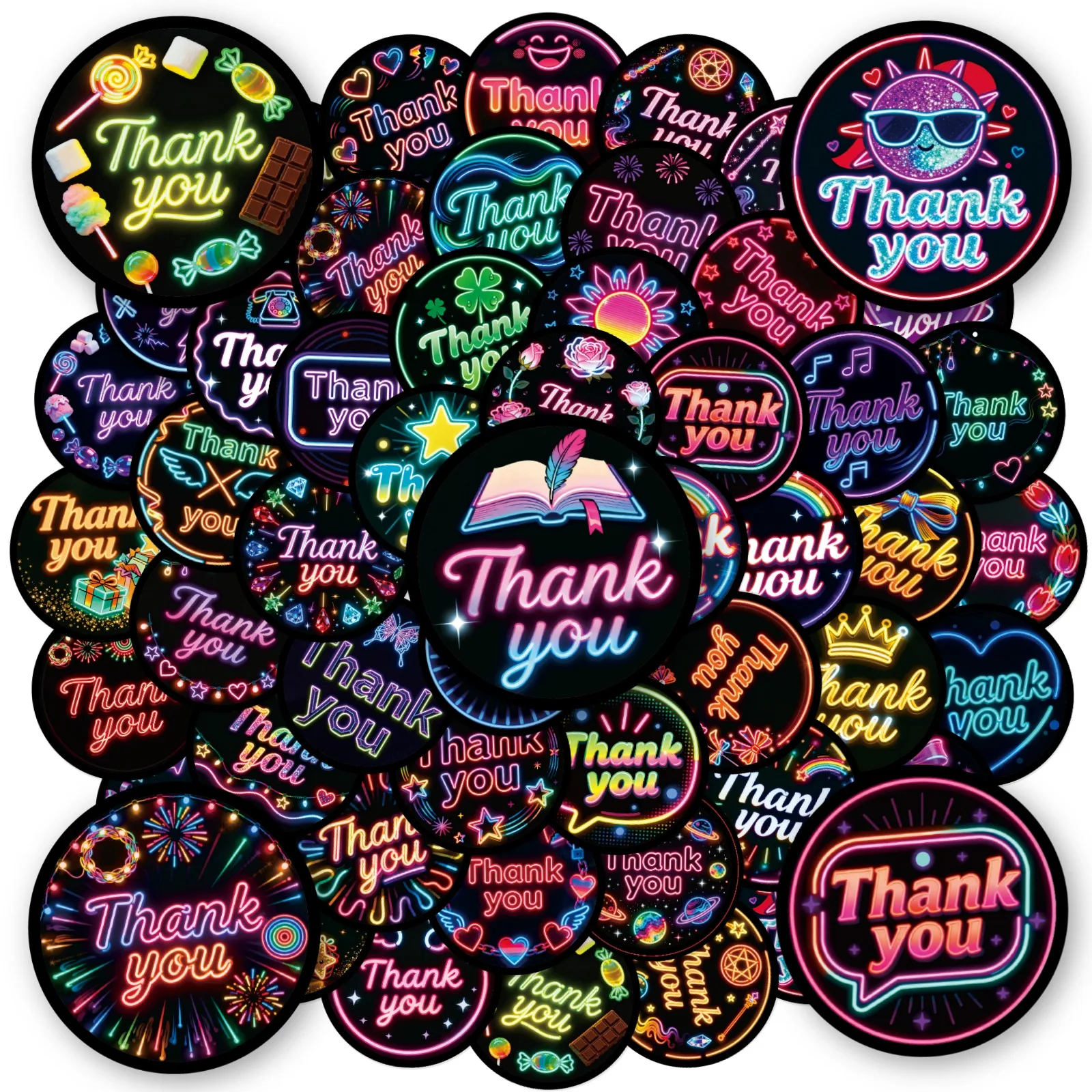 Neon Thank You Sticker Pack 10 PCS/280PCS | Gratitude Waterproof Decorative Stickers | Journal Notebook Photo Album Scrapbook