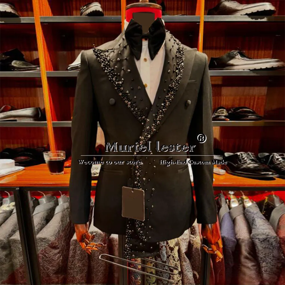 Luxury Business Men's Suits Double Breasted Diamond Gemstone Jakcet Pants 2 Pieces Groom Wedding Tuxedo Bespoke Male Clothing