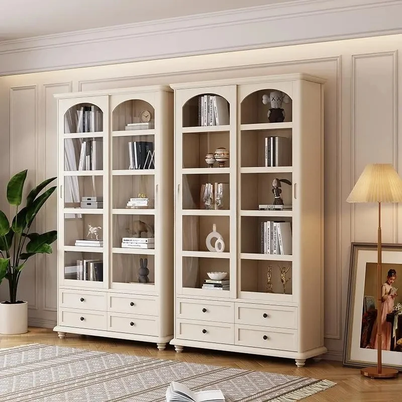 Armario americano de madera maciza con puerta corredera integrada, vitrina para sala de estar, estantería blanca para suelo del hogar