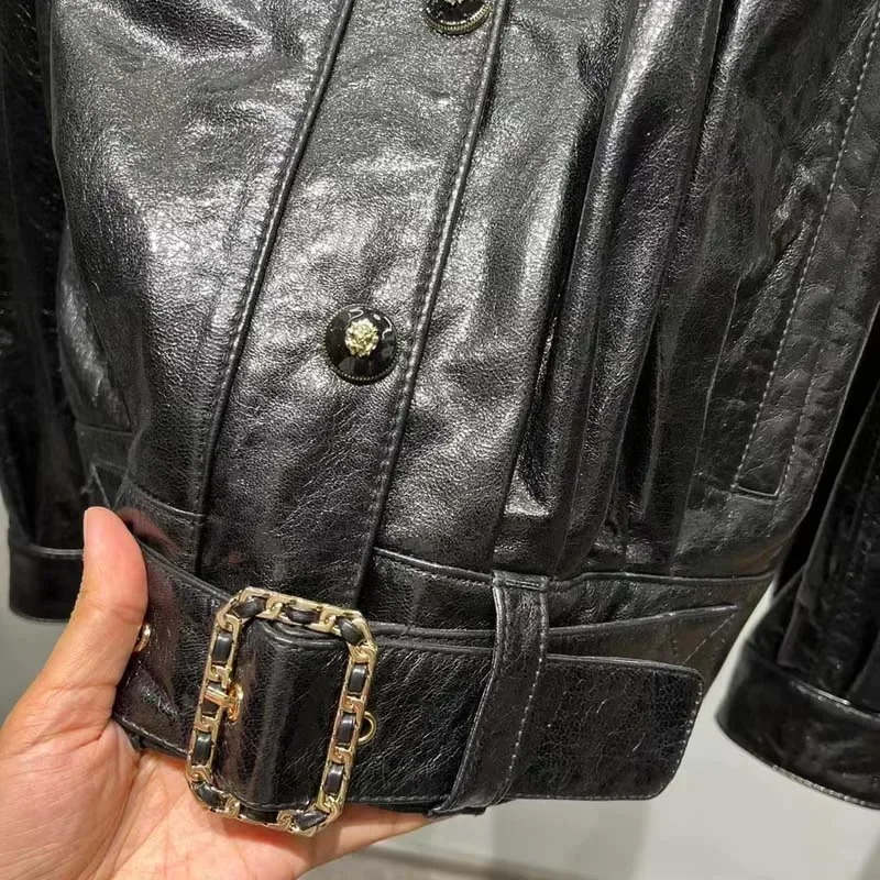 المرأة الربيع س الرقبة طوق نفخة الأكمام سترة جلدية حقيقية قصيرة طول أورورا الجلد 2025 جديد وصول معطف الموضة