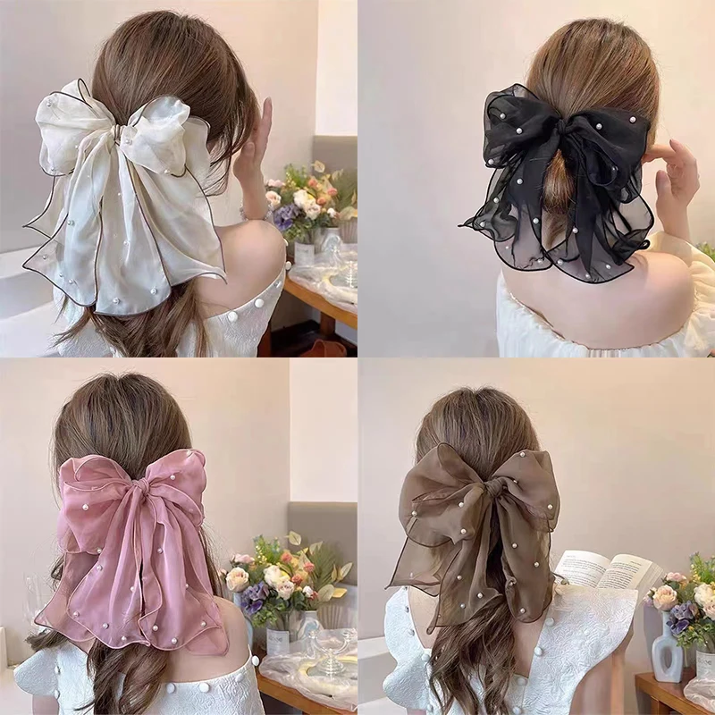 

Fashion Ribbon Pearl Bow Hair Clips For Women Elegant Chiffon Bowknot Ponytail Clip Pin Bows Barrette Sweet Headwear Accessories