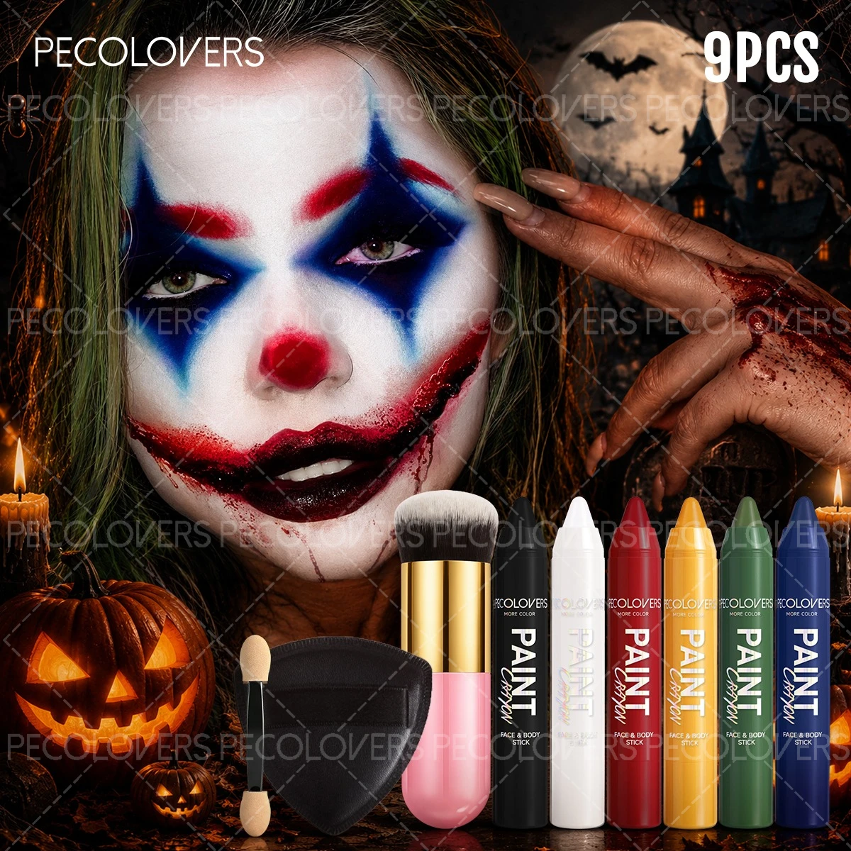 9PCS/SET Complete Body Paint Kit, 6 Assorted Colors, Smudge-Proof and Quick-Dry Wear, Brush and Sponge Tools Included, Gentle Formula Suitable for Halloween Party Makeup