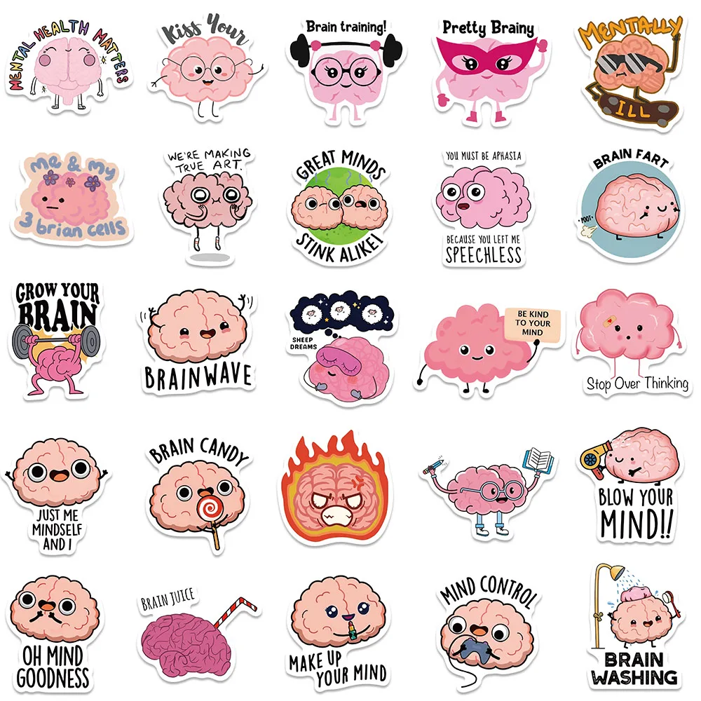 50pcs Funny Cute Cartoon Brain Stickers Decals For Laptop Water Bottle Luggage Notebook Vinyl Waterproof Graffiti