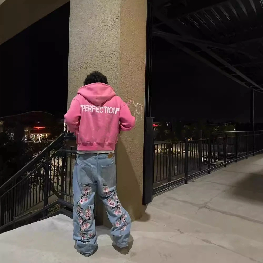 ฤดูร้อนอเมริกันวินเทจสีชมพูดอกไม้กางเกงยีนส์ขากว้างผู้หญิงสูงเอวล้างตรงกางเกงสบายๆหลวม Hip Hop แฟชั่น