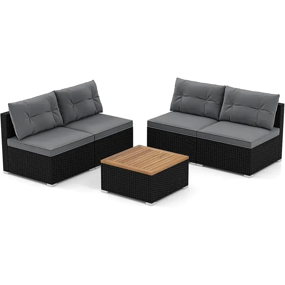 Gray Outdoor Wicker Patio Furniture Set with Cushions, Acacia Coffee Table, Ideal for Balcony, Garden, Deck, Poolside