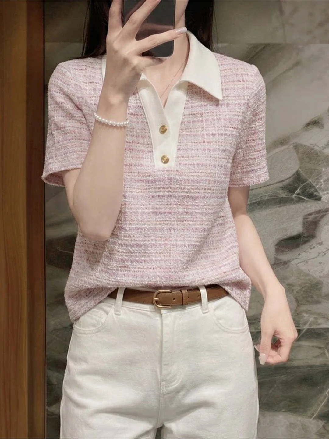 Oule Summer Pink Gentle  Neck Short Sleeve T-Shirt Women High-End Atmosphere Top Luxury Style Straight Cut Regular Length