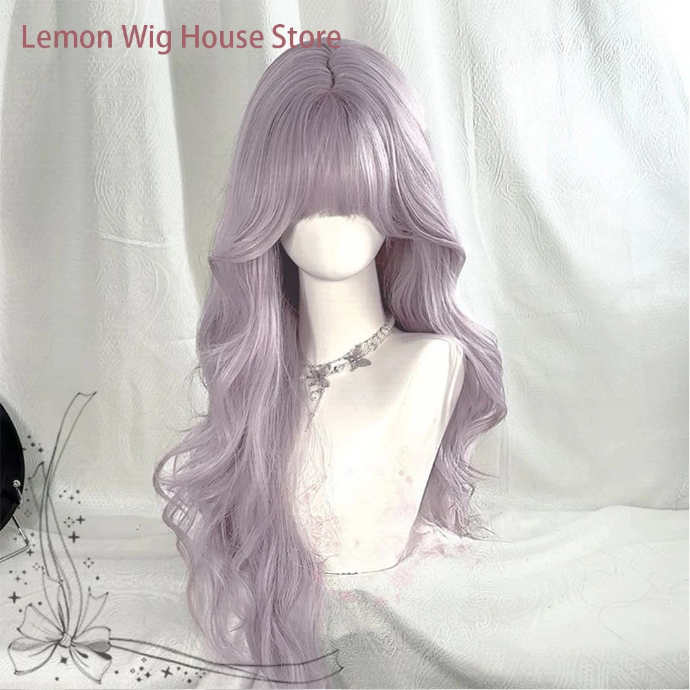 Long Wavy Light Purple Wig with Bangs Lolita Cosplay Wig for Women Daily Cosplay Halloween Costume Wigs Synthetic Heat Resistant