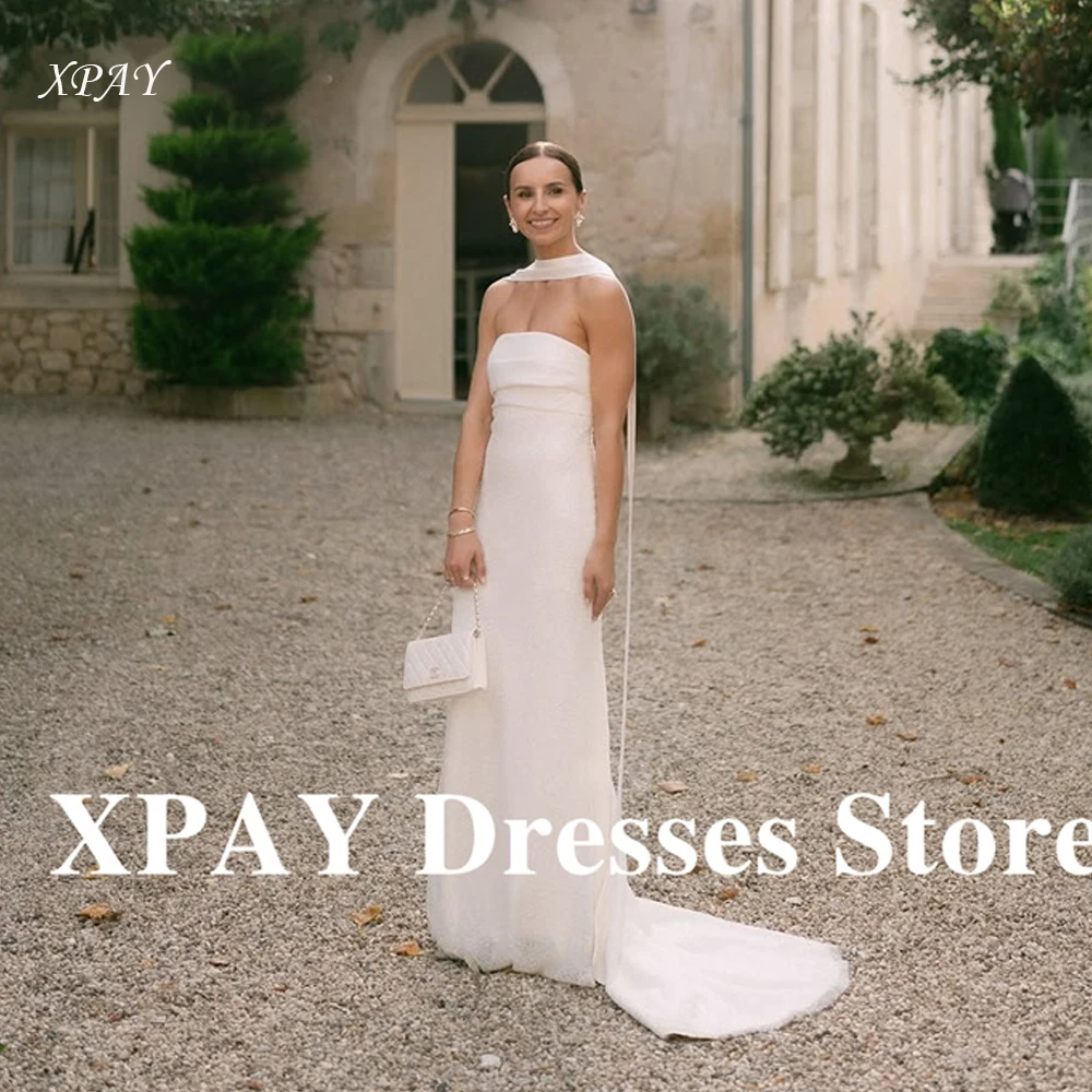 

XPAY Simple Strapless A Line Wedding Dresses With Scalf Tulle Soft Satin Sweep Country Bridal Gowns Plus Size Robe de mariage