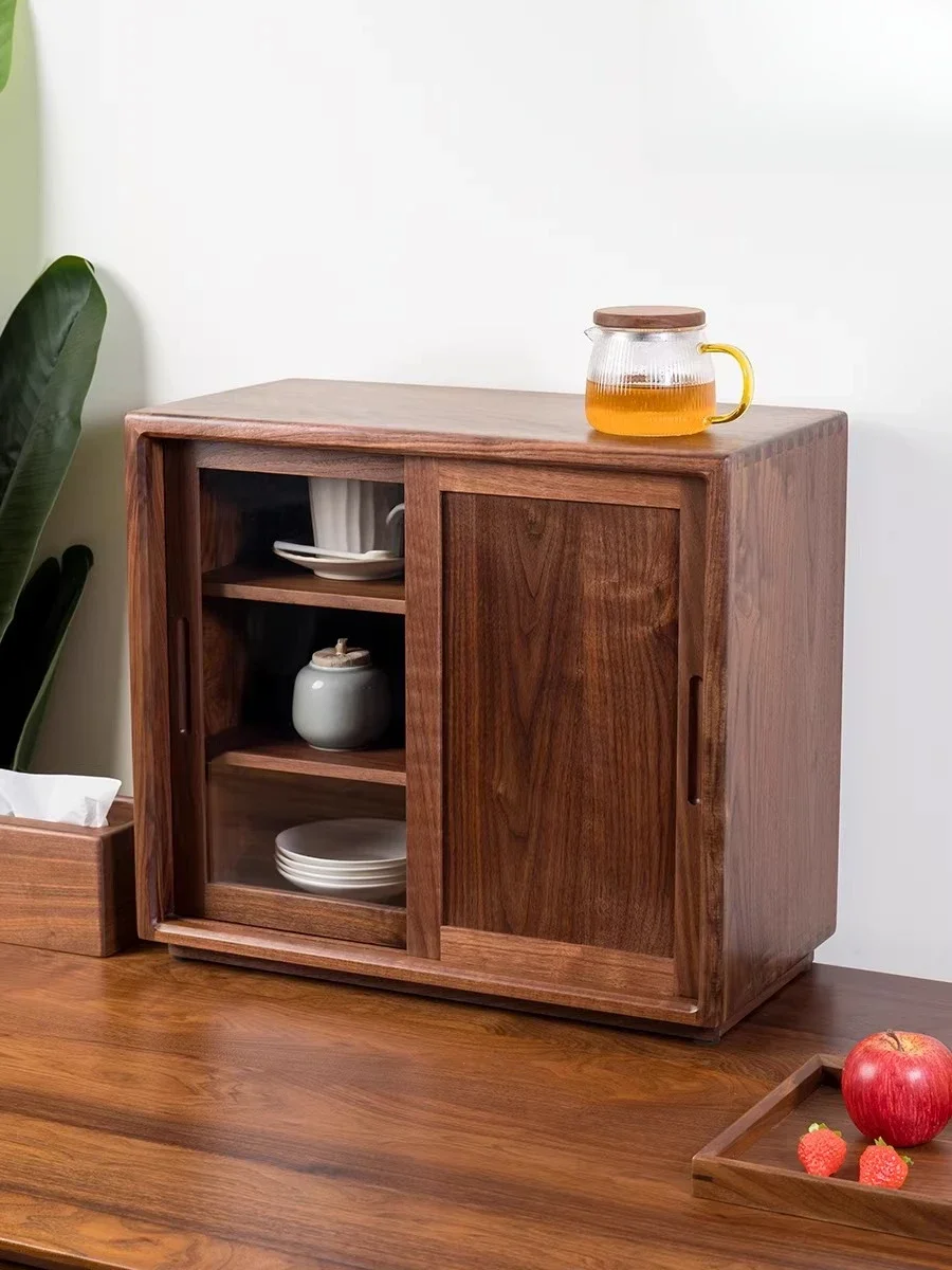 Black walnut desktop storage cabinet, dust-proof water cup tea set storage rack, coffee cup multi-layer storage box