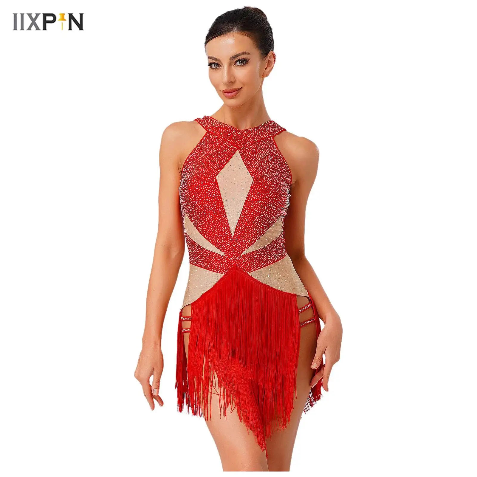 

Women Latin Dance Leotard Rhinestones Backless Tiered Tassel Contrast Color Skirt Bodysuit Jumpsuit for Chacha Rumba Samba Tango