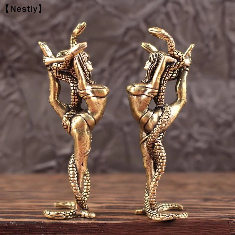 Solid Brass Women And Snake Furniture Ornaments Living Room Desk Tea Pet Brass Crafts Bronze Miniatures Decoration〔Nest〕