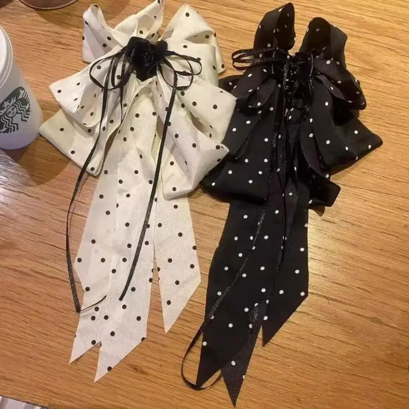 Haarklammern mit gepunkteter Schleife und langem Band, elegantes Design, 2 Farboptionen für den täglichen Gebrauch, Partys, Hochzeiten, Verabredungen – Detail 1
