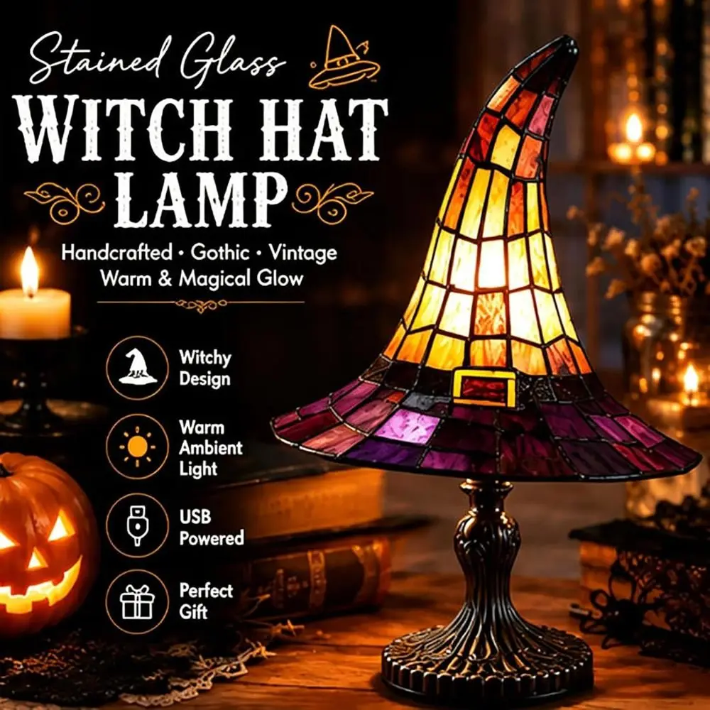Handcrafted Resin Witch Hat Lamp USB Powered Purple Color Wizard Hat Light Tabletop Design Stained Glass Style