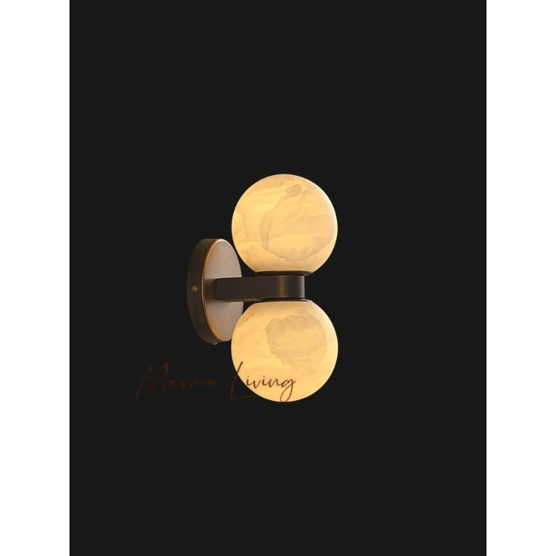 

French medieval alabaster stone wall lamp American retro all-copper living room background wall porch aisle lamp