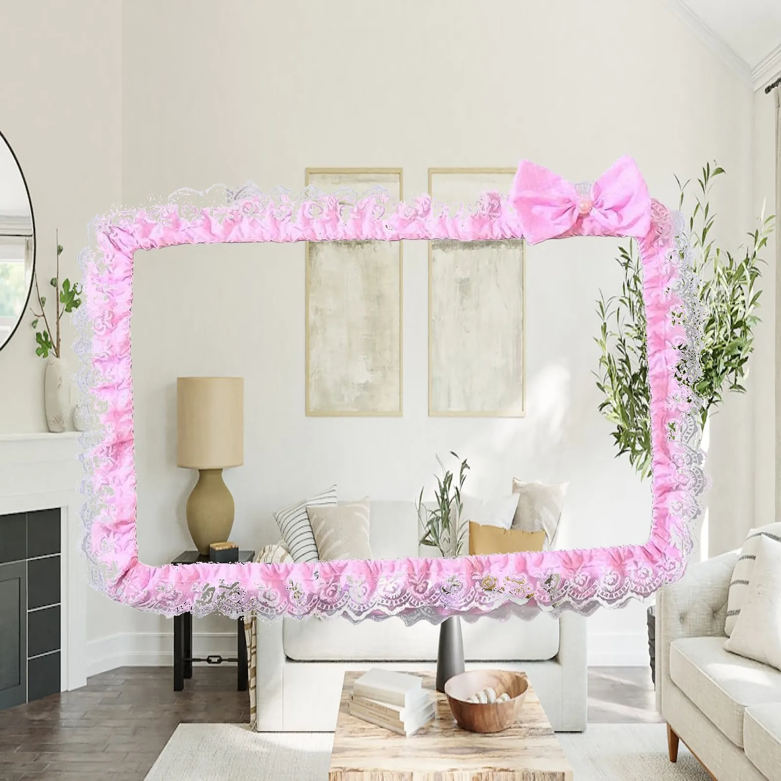 Computer Monitor Frame Border Cover Protective Case Modern Lace Fabric with Bowknot Lovely Dustproof for TV Laptop PC Tablet